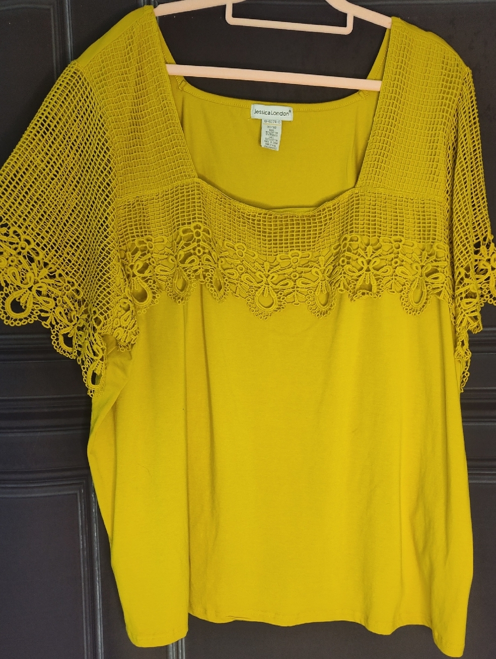 Jessica London Crochet Yoke Short Sleeve Top in Yellow-Green